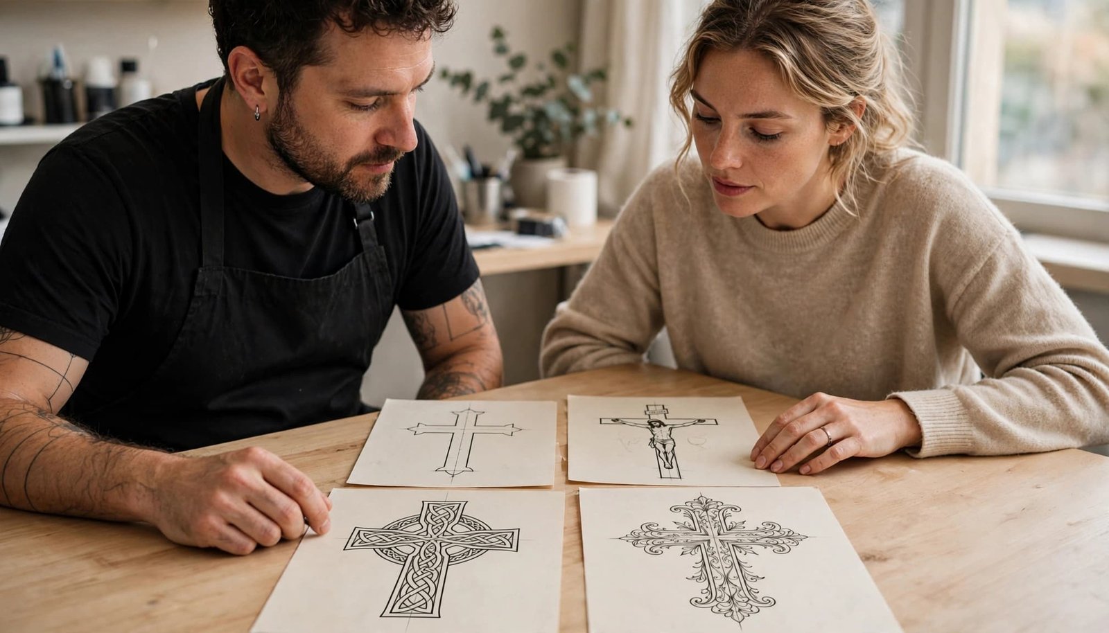 Artist and client compare four cross tattoo sketches on paper in a bright studio.