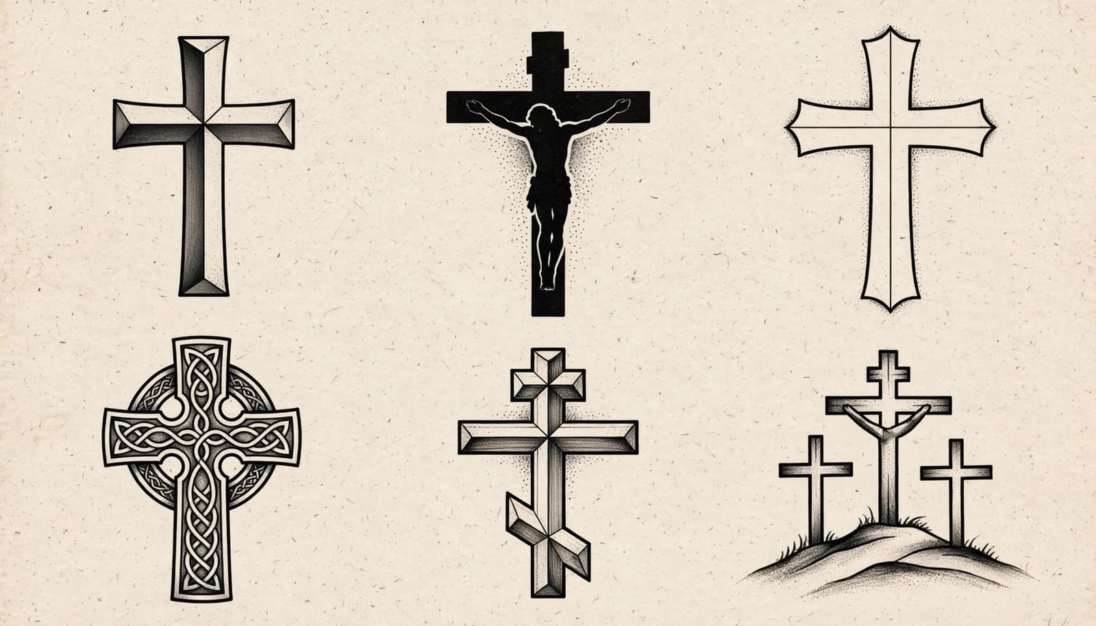 Six different cross tattoo designs arranged on neutral artist’s paper.