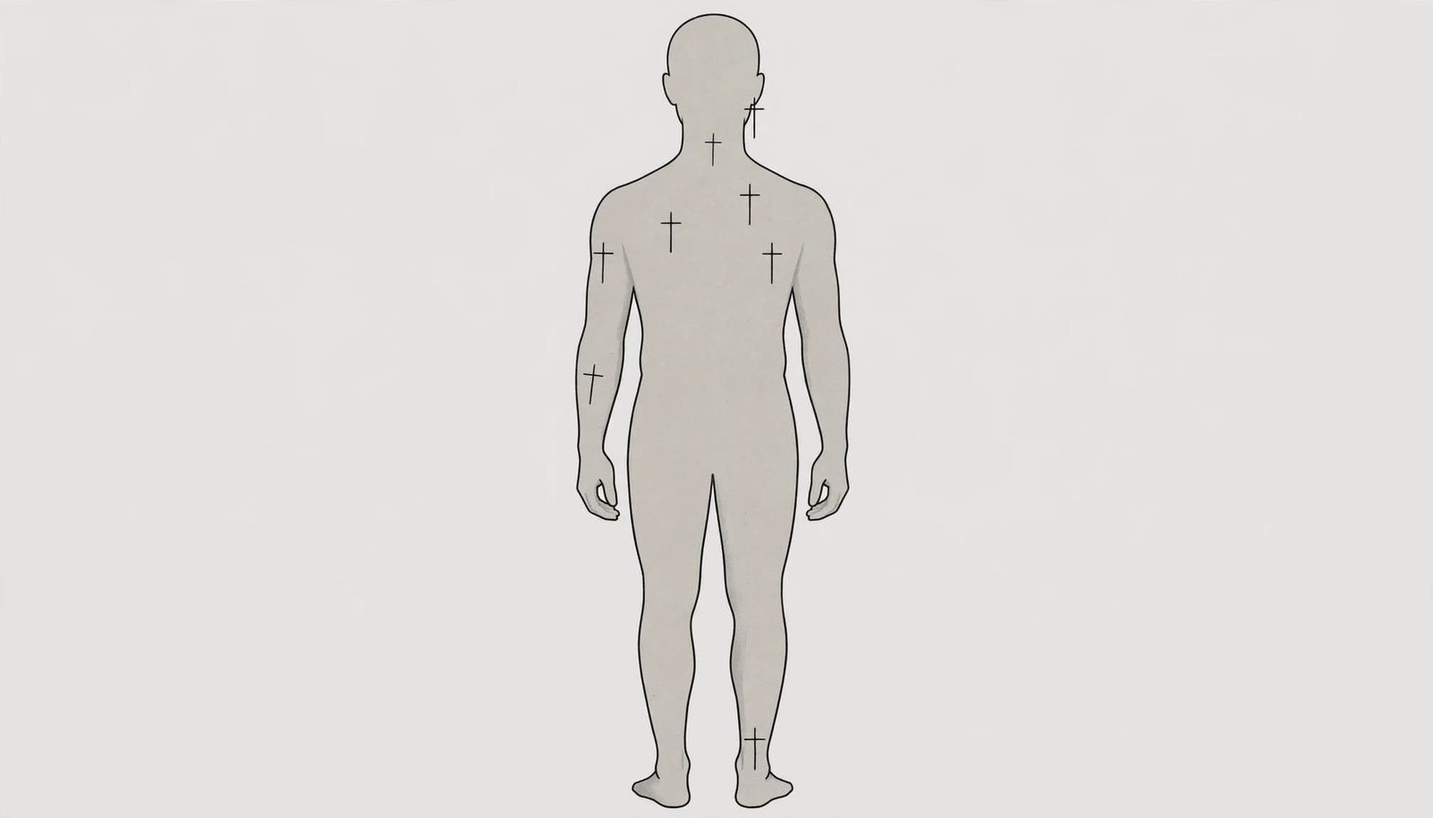 An anatomical silhouette showing cross tattoos in seven body placements.