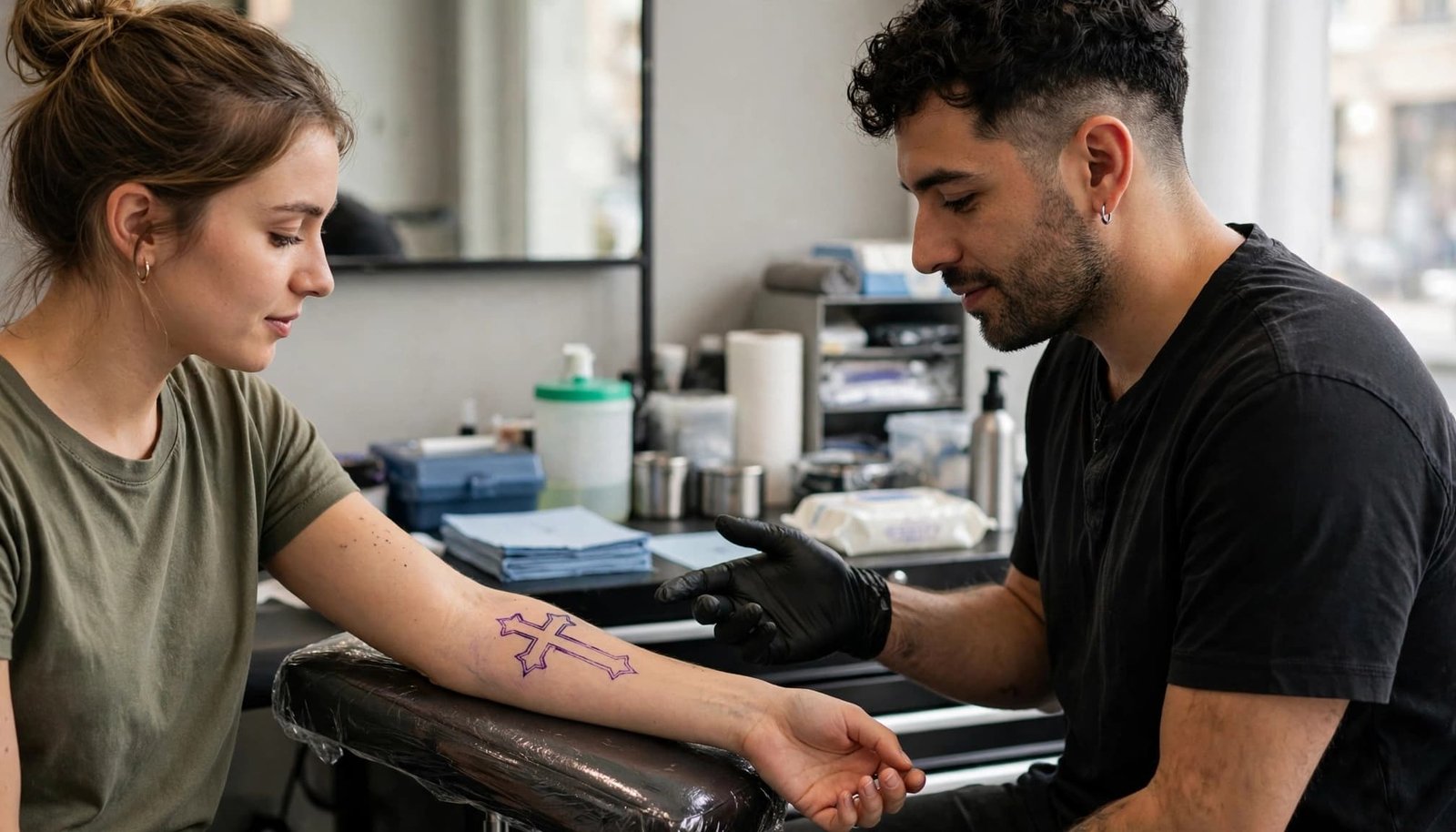 A tattoo artist and client check a cross stencil on skin in a clean studio.