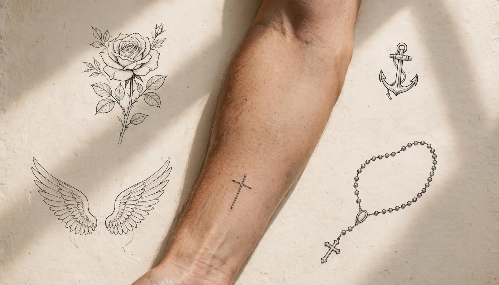 Forearm with a small cross tattoo and nearby rose, anchor, wings, and bead designs.