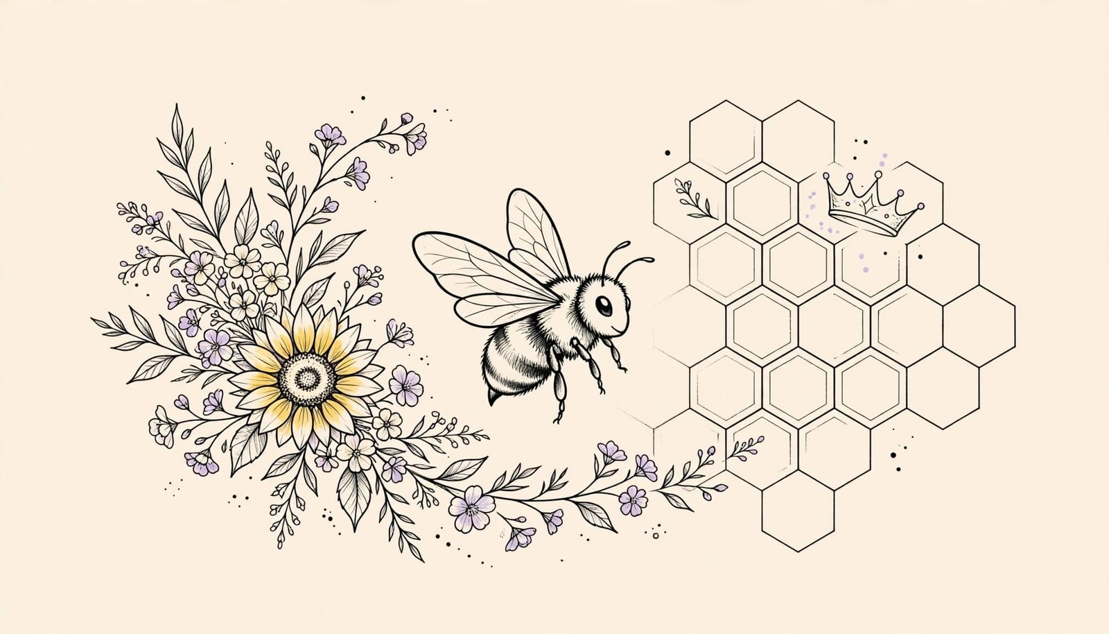 Cute bee tattoo design with flowers, honeycomb, and a tiny crown.