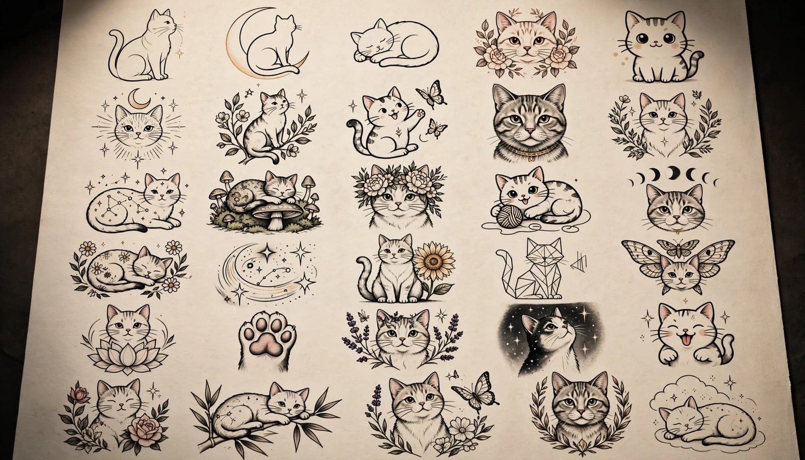 Thirty cat tattoo designs arranged in a warm-toned flash sheet, including cartoon, botanical, celestial, and portrait styles.