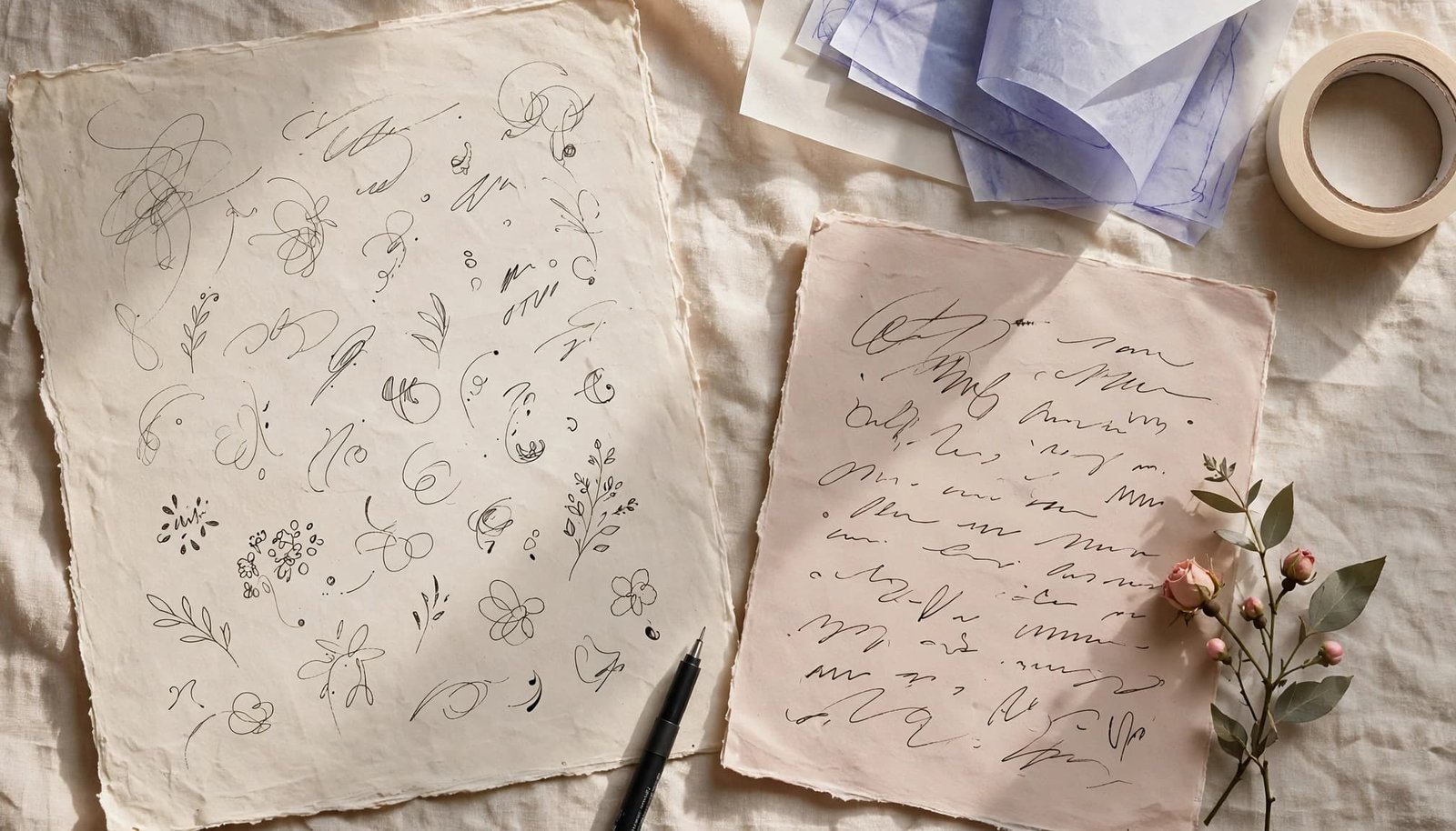 Tattoo sketches and a botanical sprig beside a handwritten note on a studio table.