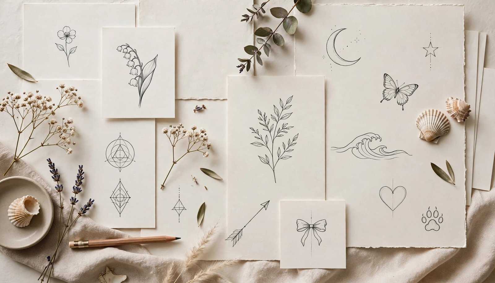 Fine-line tattoo motifs and botanical sketches arranged on neutral paper.