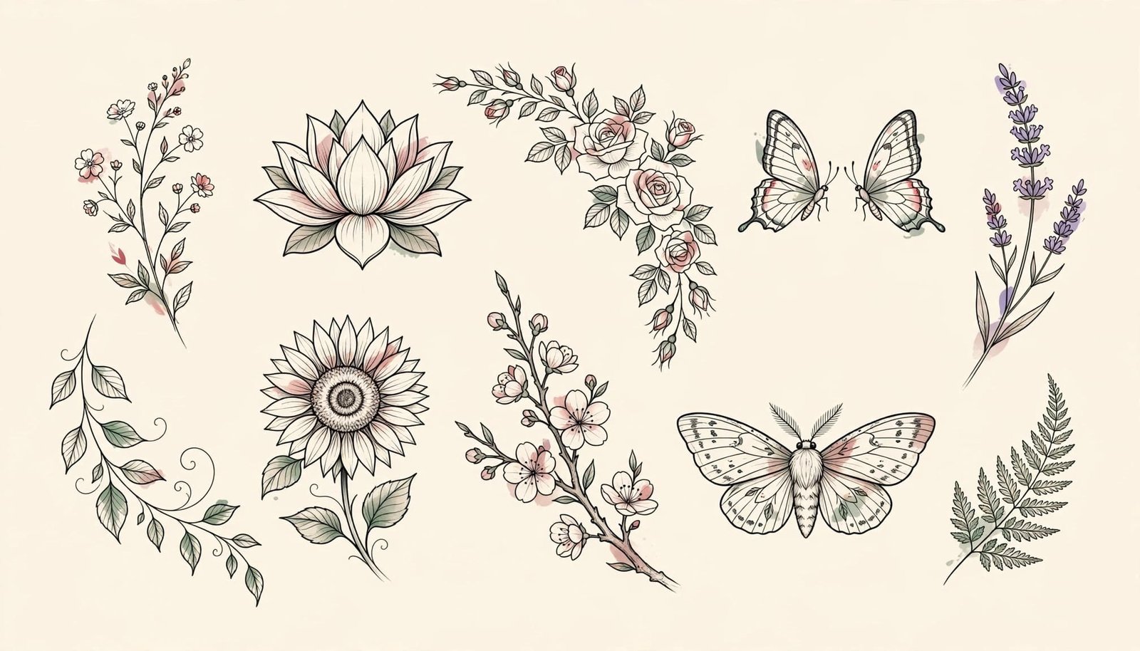 Botanical lower-back tattoo sketches arranged on a warm ivory background.
