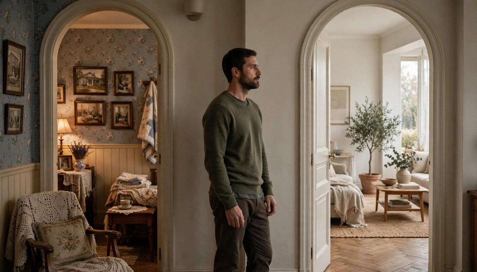 A man stands between a family doorway and a separate romantic living space.