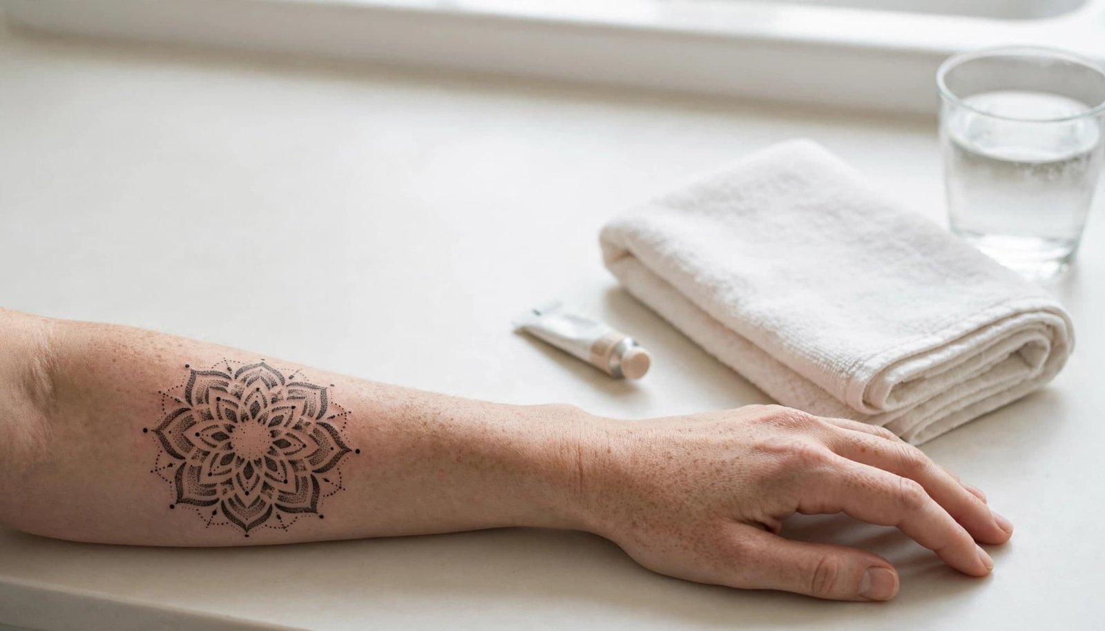 A tattooed forearm rests beside ointment, a towel, and water on a bathroom counter.