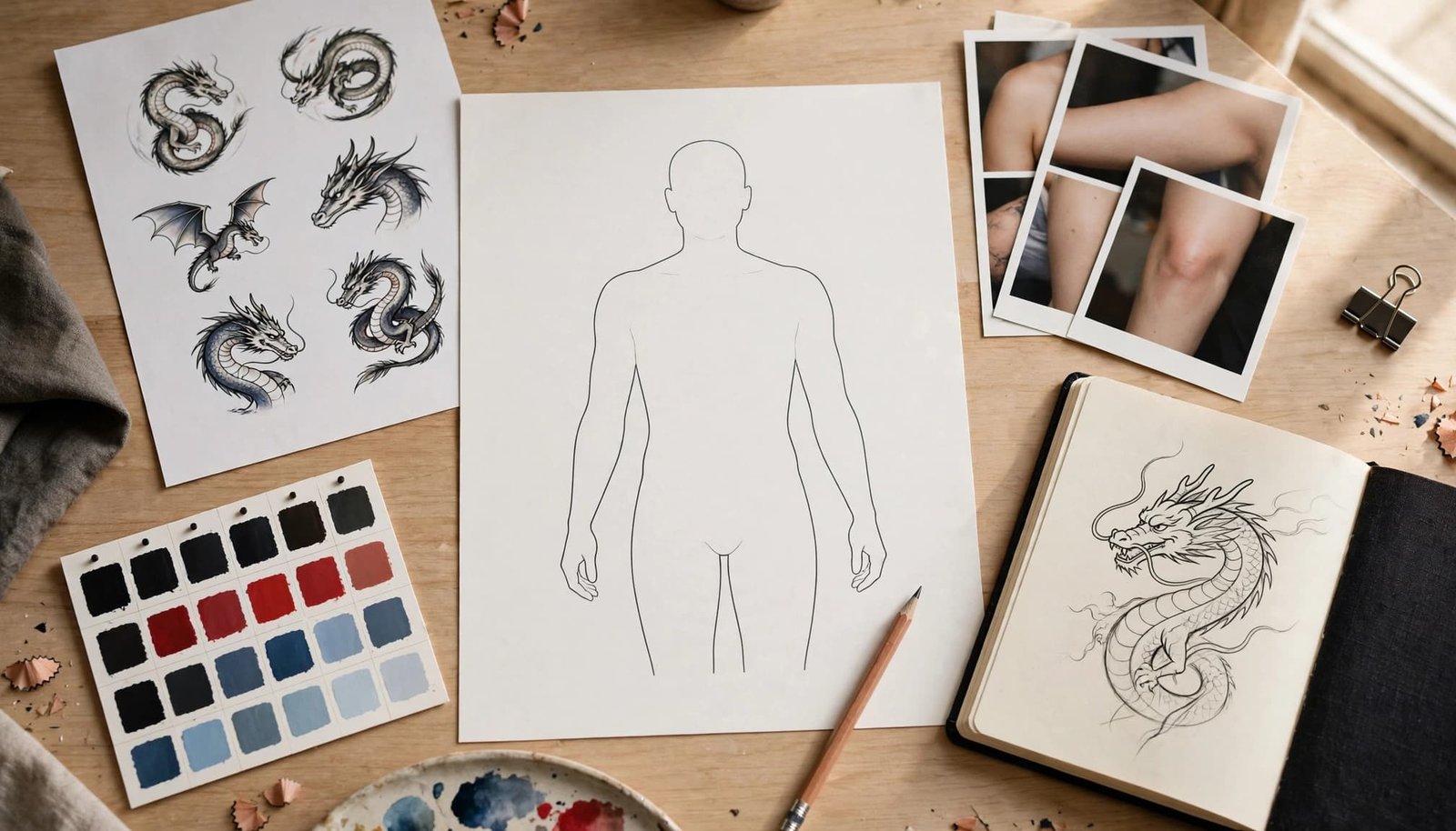Tattoo planning materials arranged around a blank body-placement outline.