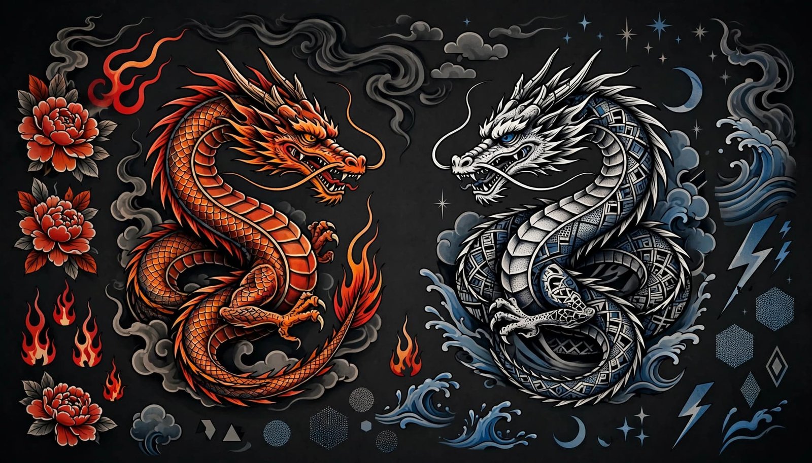 Two contrasting dragon tattoo designs appear beside colorful flames, flowers, clouds, and geometric motifs.