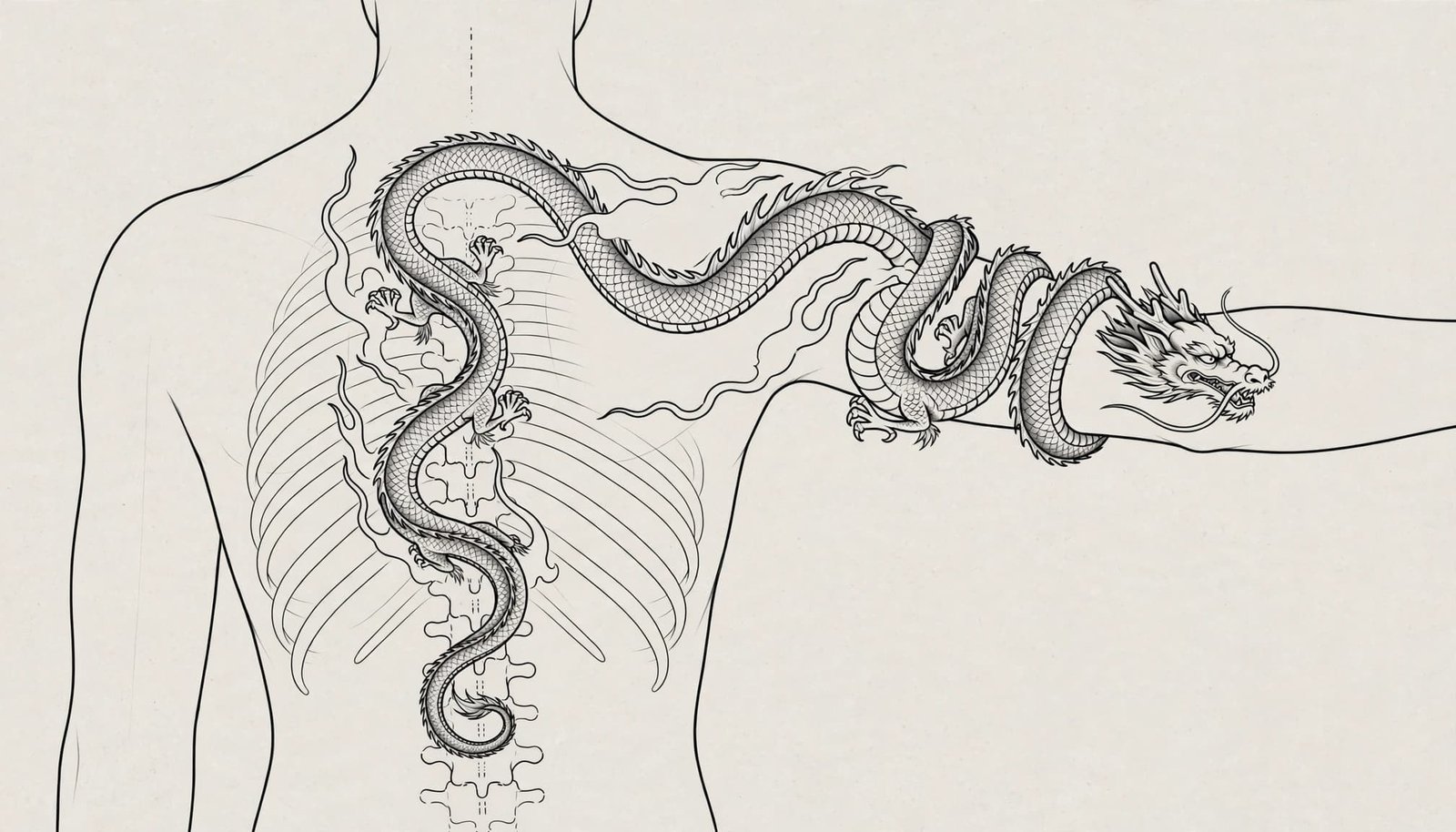 Dragon tattoo designs mapped along the spine, ribs, arm, chest, and shoulder.