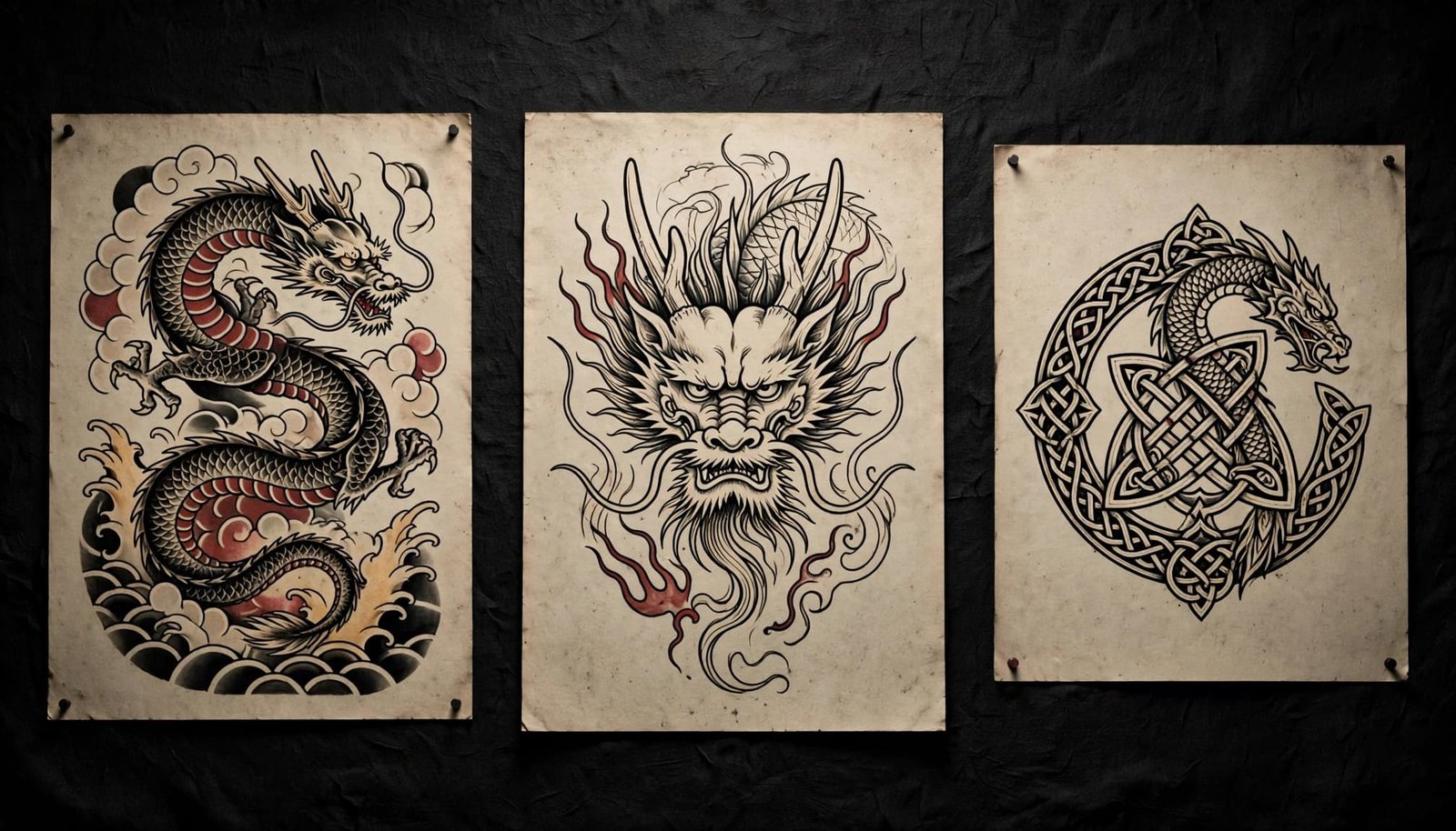 Three distinct dragon tattoo concepts with clouds, waves, whiskers, and a Celtic knot.