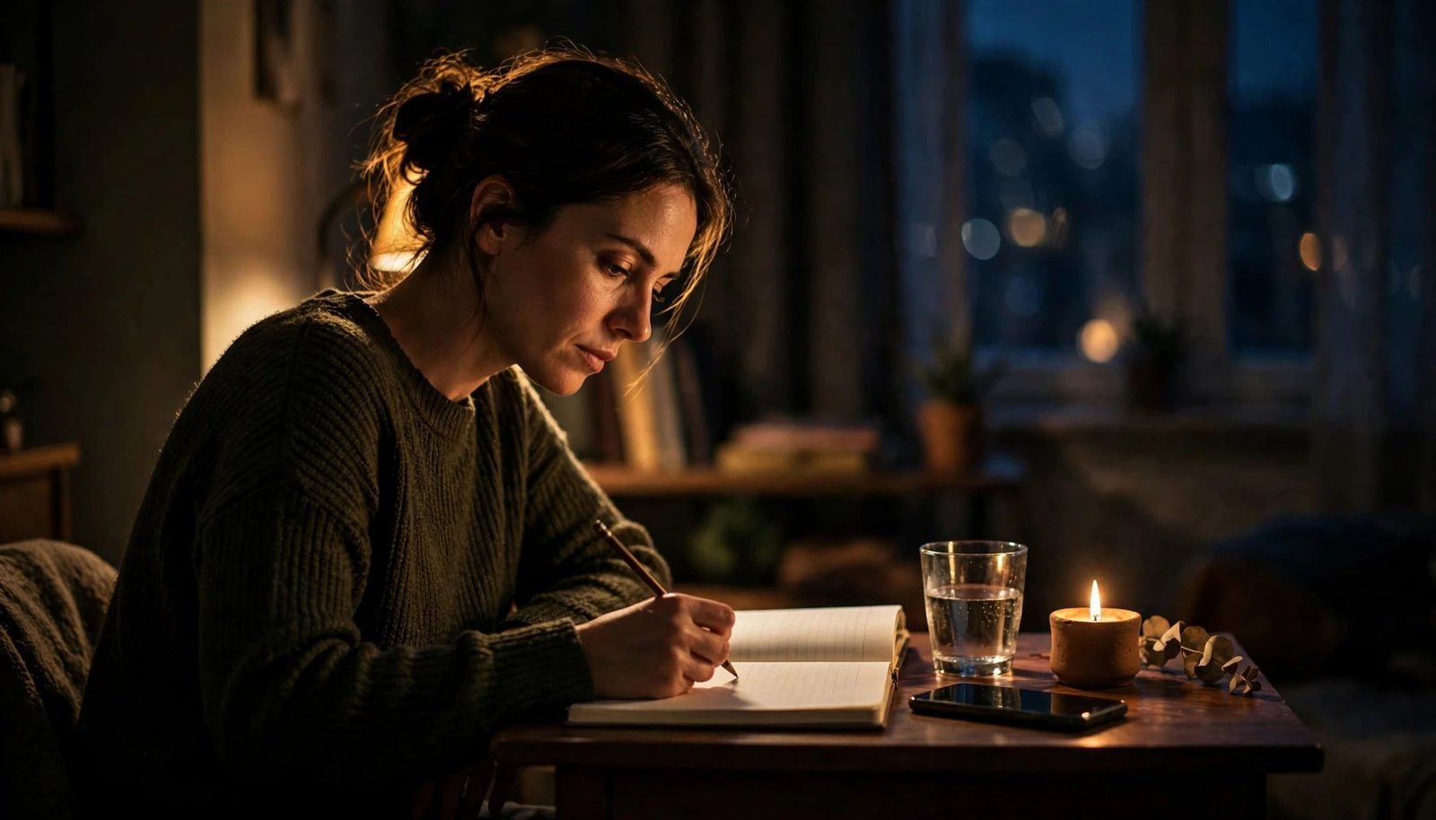 An adult reviews a phone beside an open notebook in a dim apartment.