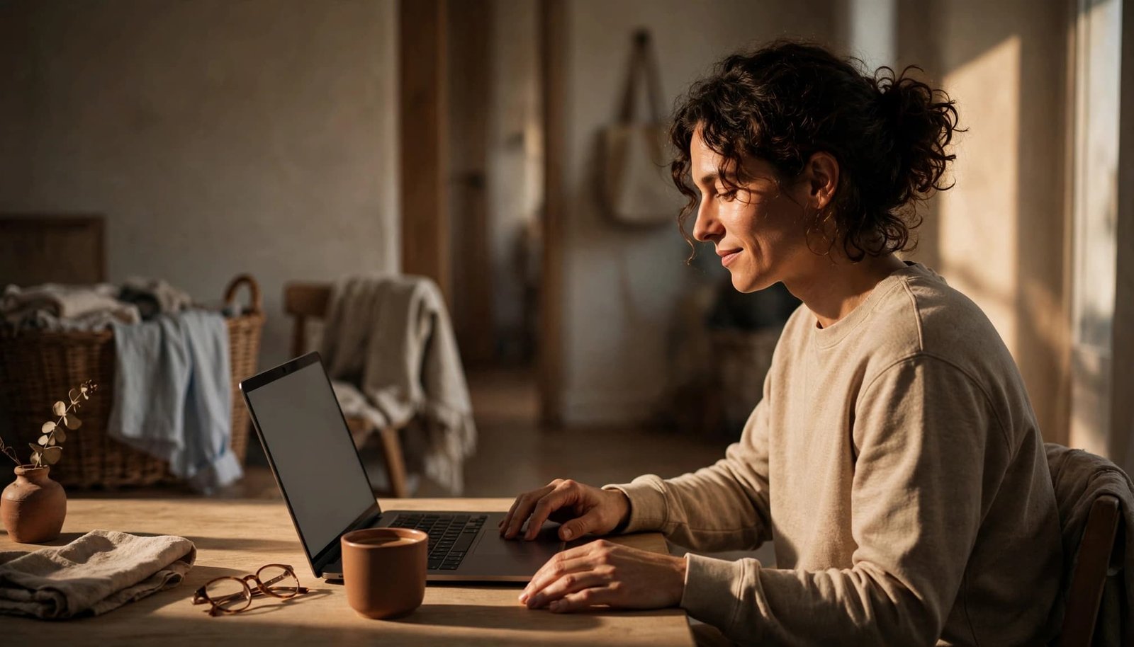 One person reviews an email at a desk while laundry sits unfinished nearby.