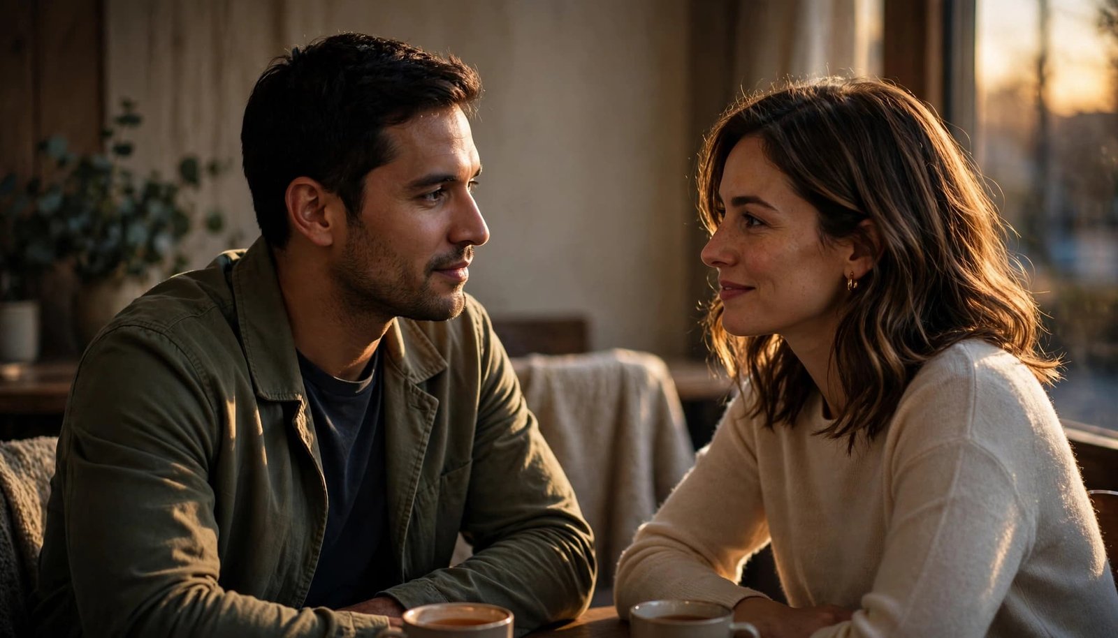 A man and woman share a quiet conversation in a warmly lit cafe.
