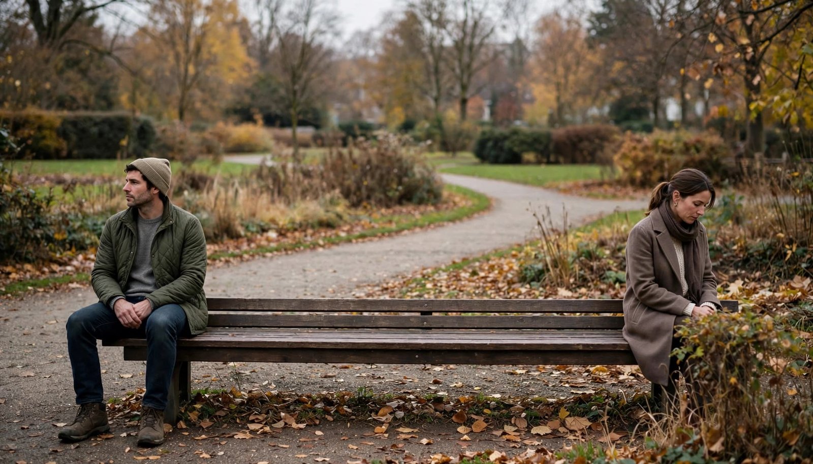 A couple sits far apart on a park bench beneath muted autumn trees.