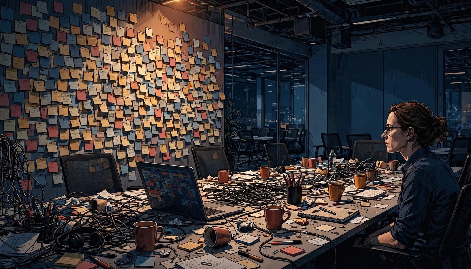 A lone worker faces sticky notes in a cluttered conference room beside a laptop.