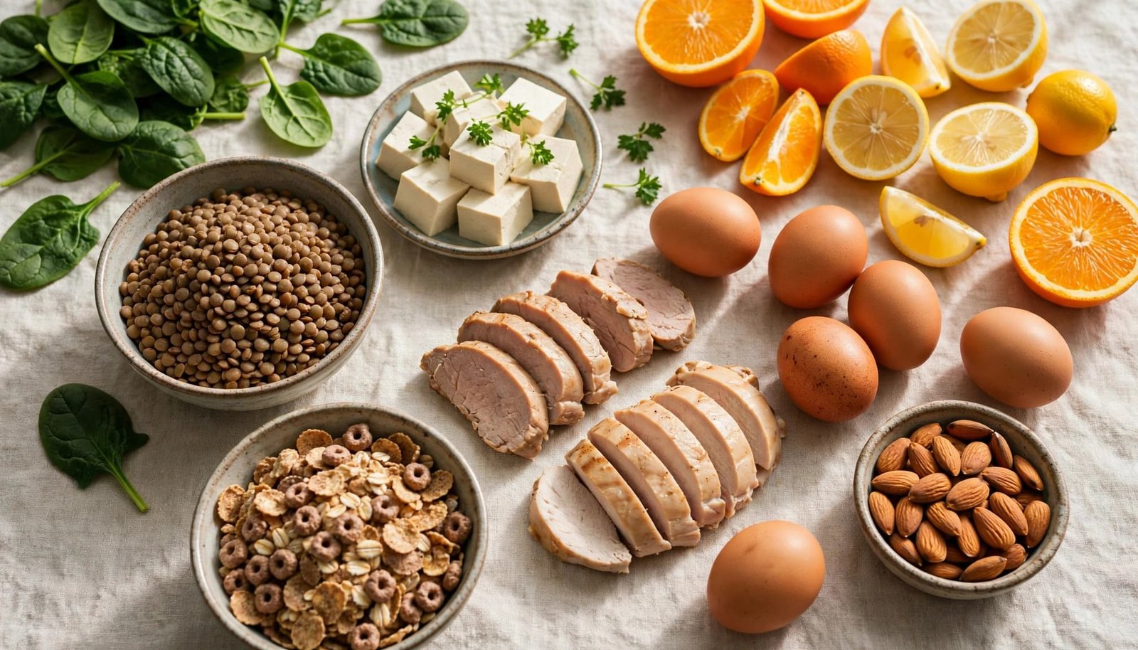 Iron-rich and vitamin-rich foods arranged on a bright kitchen table.