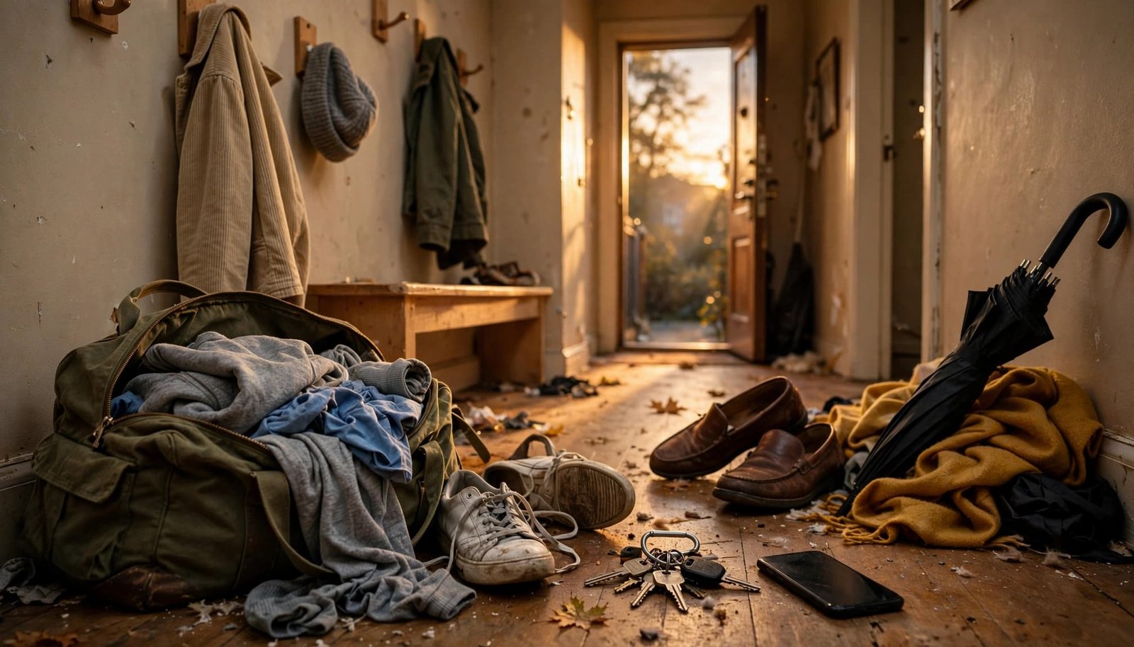 A messy apartment hallway with keys, shoes, a phone, and a half-packed bag.