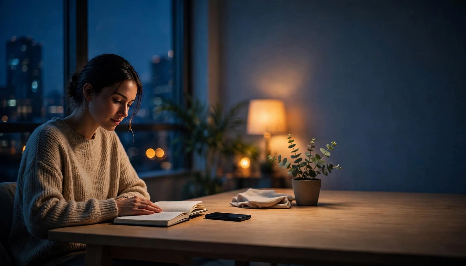 A person journals alone beside a face-down phone in a warmly lit apartment.