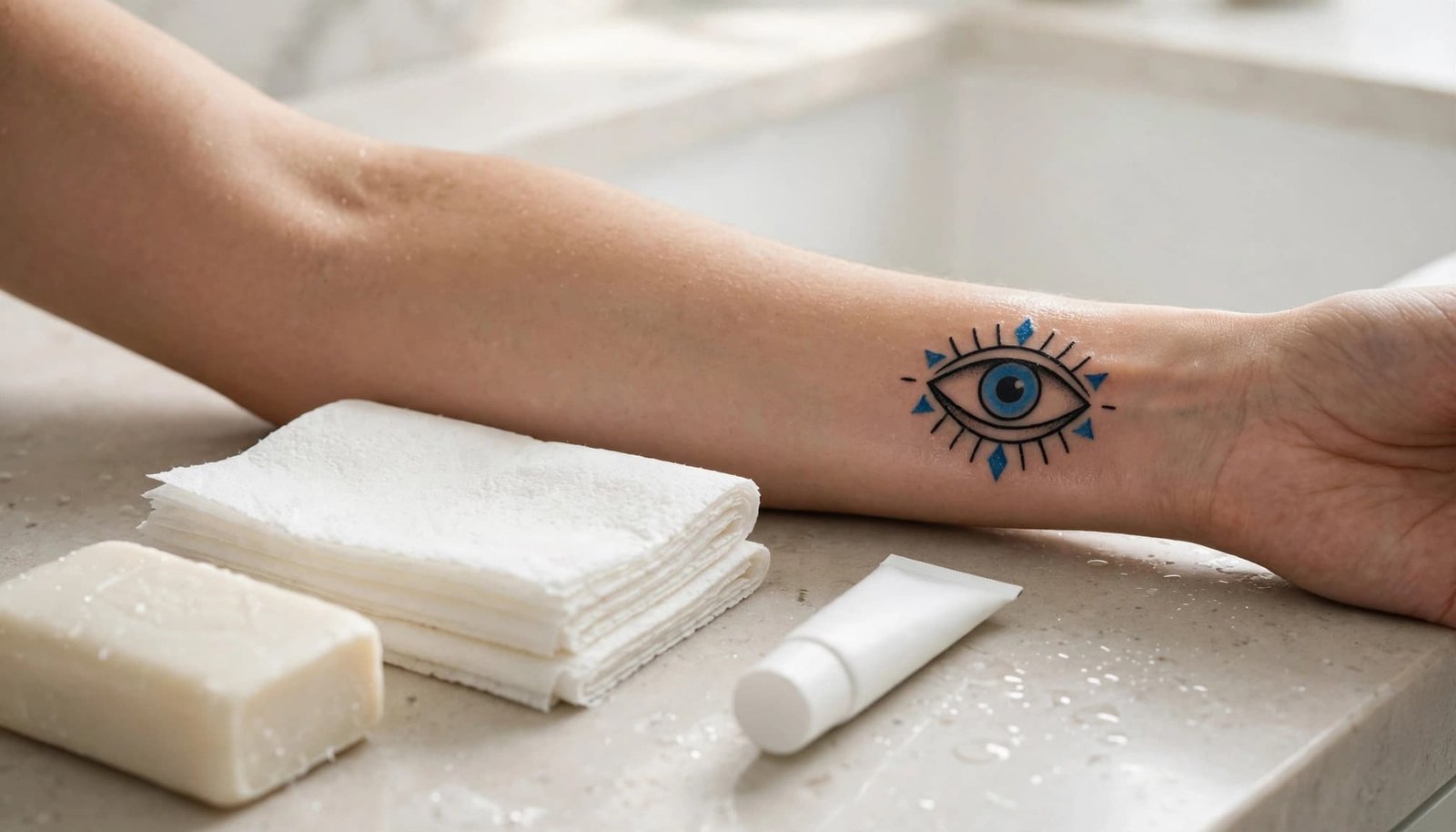 Forearm with an evil eye tattoo beside soap, paper towels, and moisturizer.