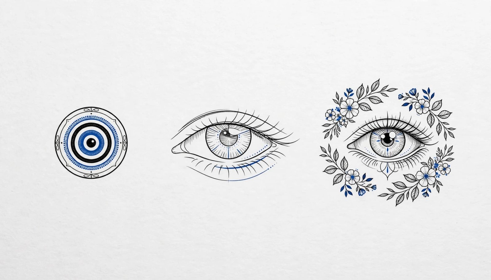 Three evil eye tattoo designs on white paper, including a blue bead, fine-line eye, and floral eye.