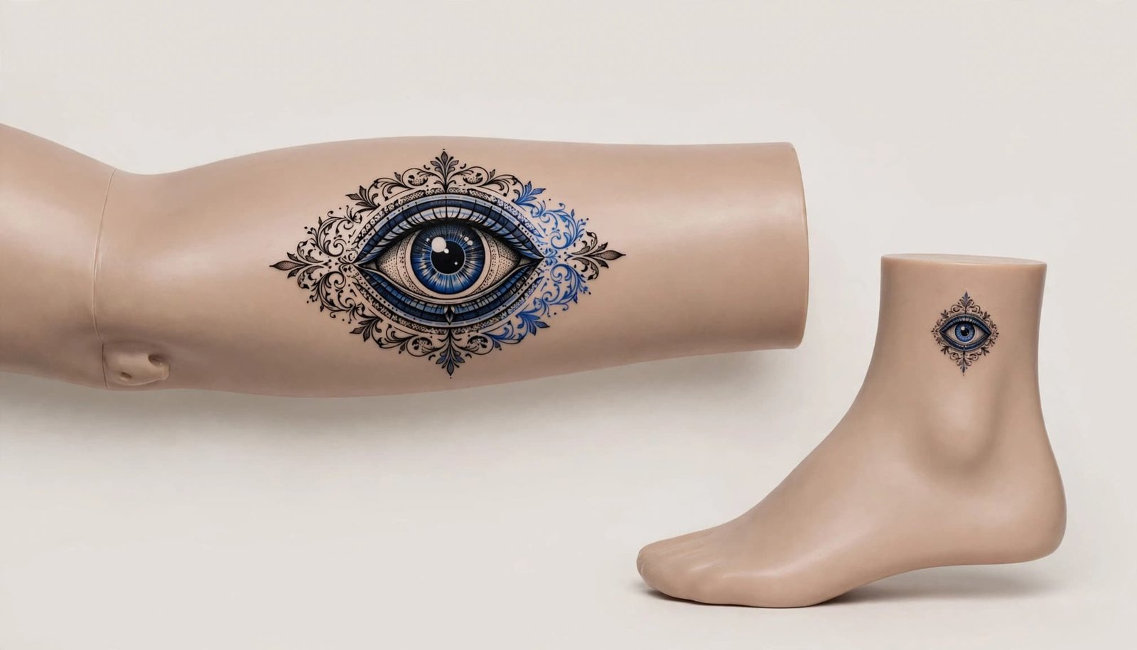 Evil eye tattoos shown on a forearm and ankle in different sizes.