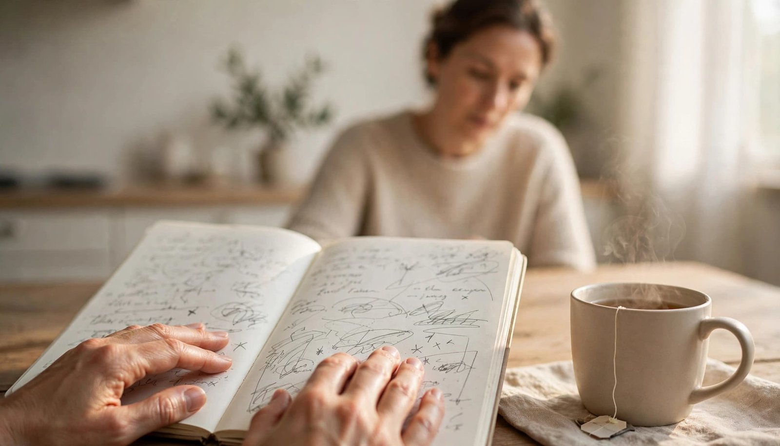 An adult reviews notes beside a notebook and tea at a kitchen table.