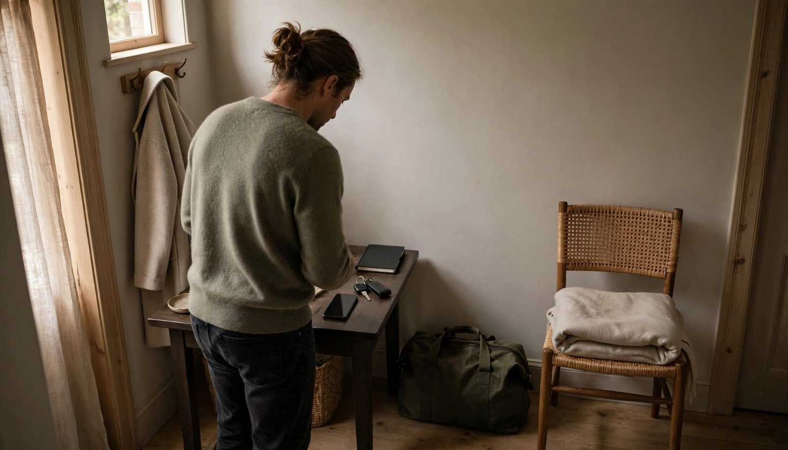A person places a phone and car keys beside a notebook in a home entryway.