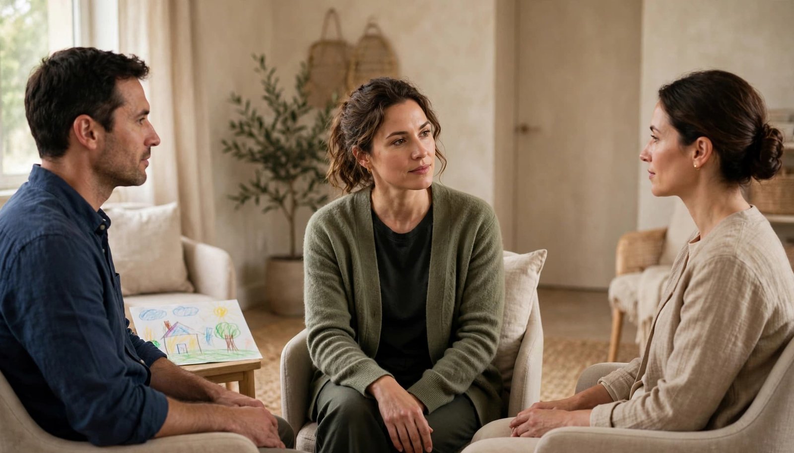 A therapist listens to two relatives seated apart in a calm counseling room.
