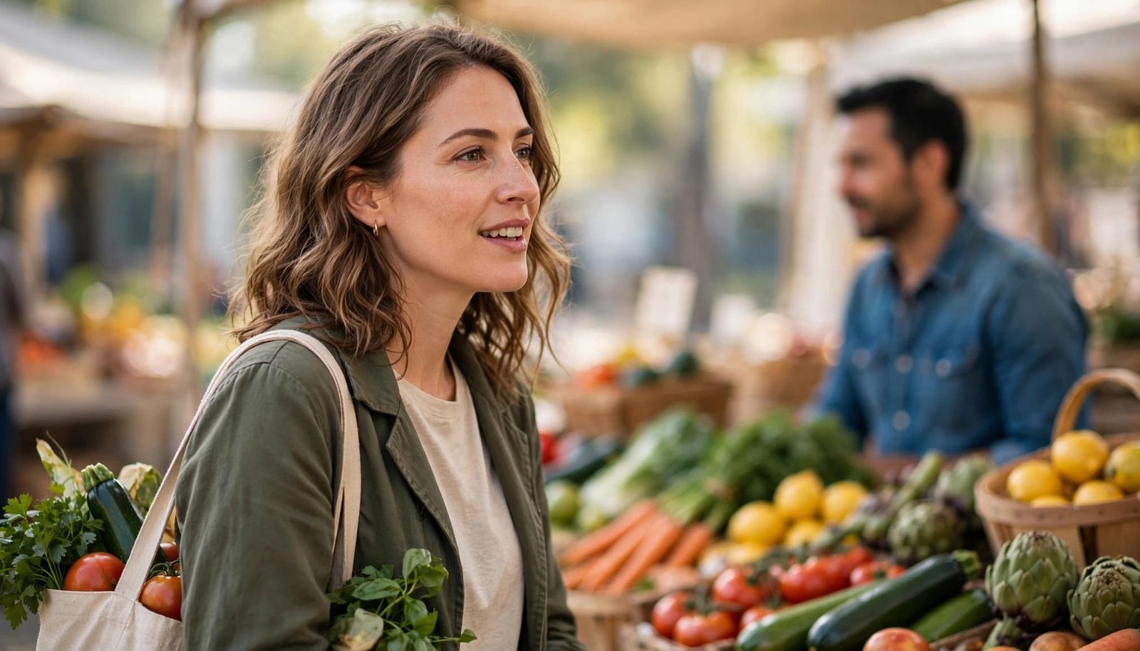 An adult shopper talks with another attendee at a sunny farmers market.
