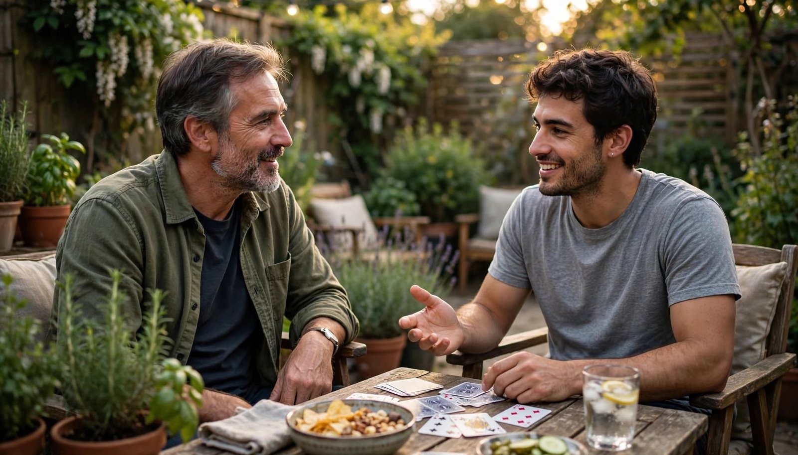 A father and adult child talk beside garden cards and a bowl of food.