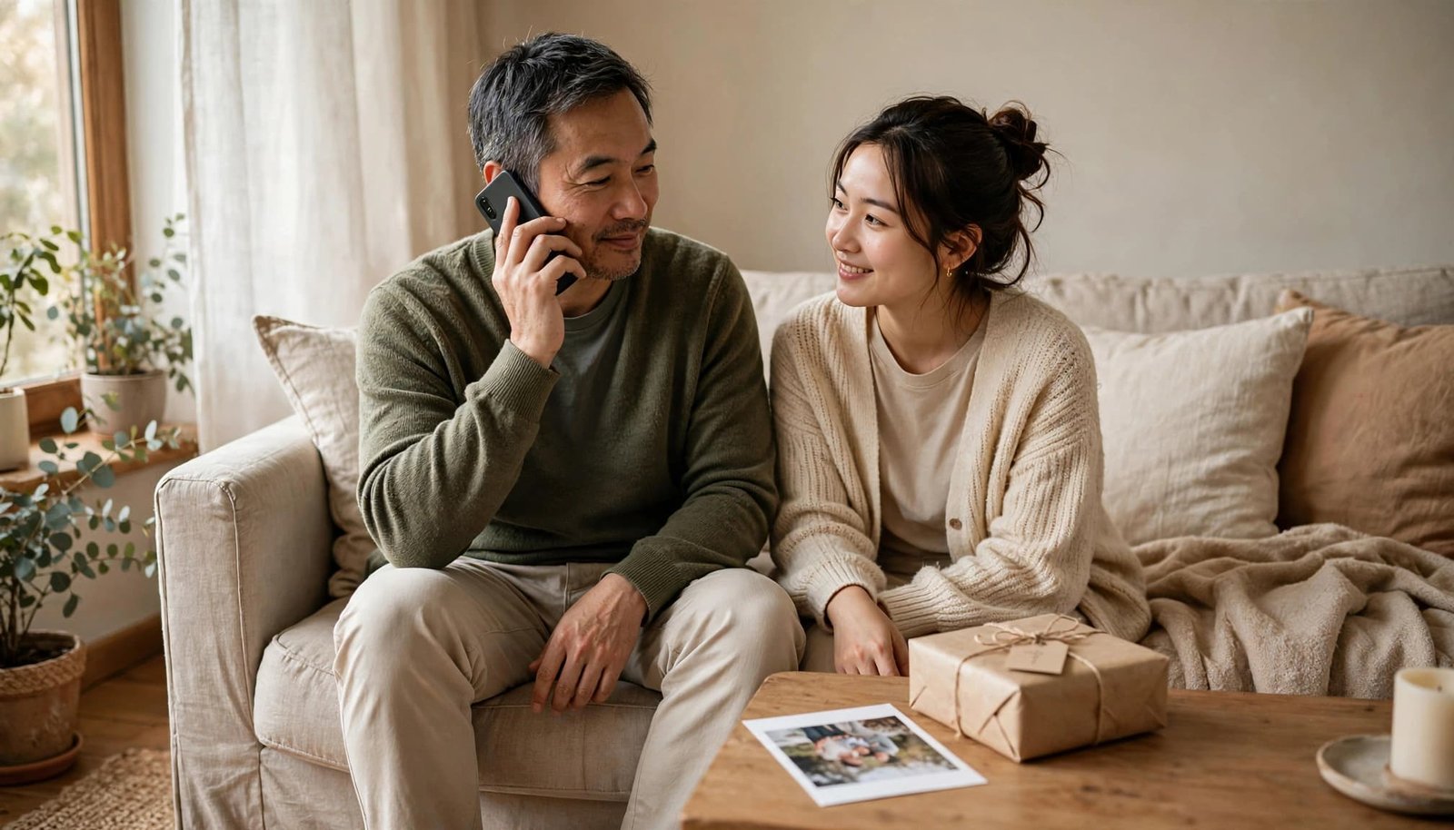 A father talks with his child by phone beside a parcel and family photo.