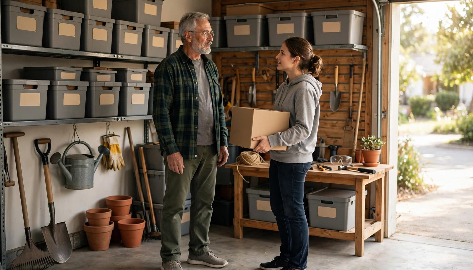 An older father organizes a garage while his adult child carries a box.