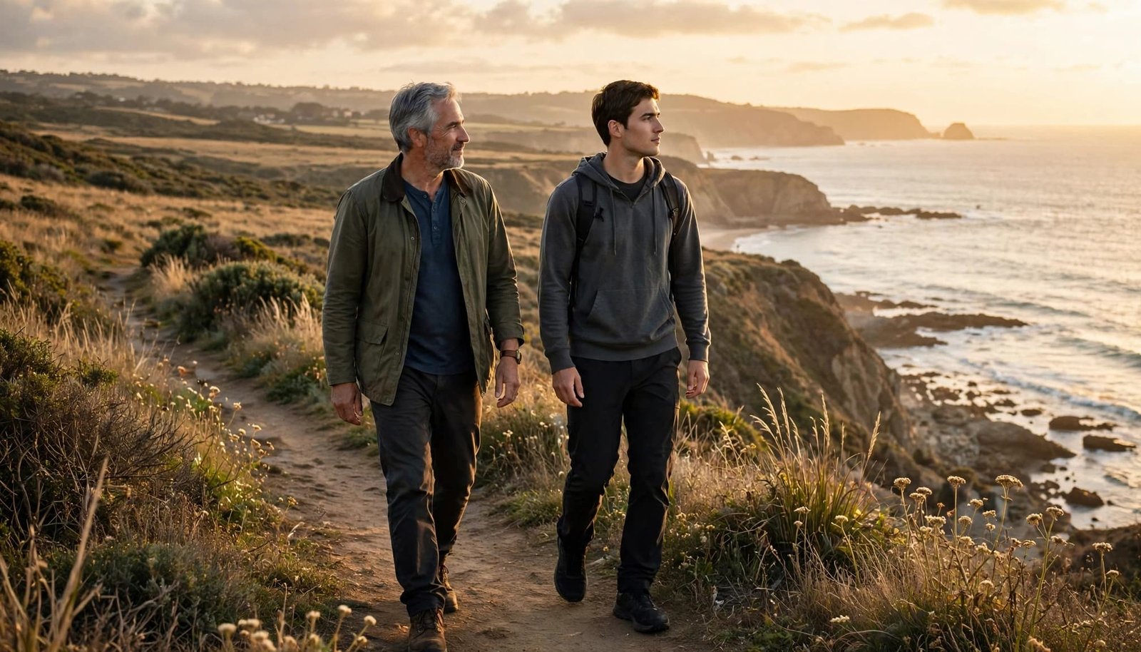 A father and son walk together along a sunlit coastal trail.