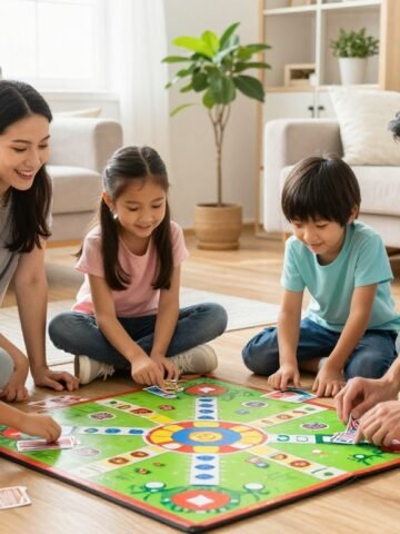 A family plays cards on the floor beside a pillow fort and soccer ball.