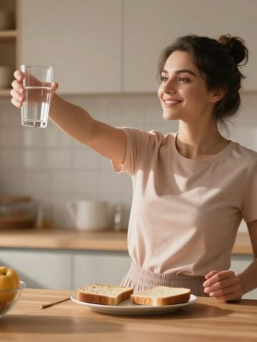 Woman stretching and drinking water beside fruit and toast in a bright kitchen.