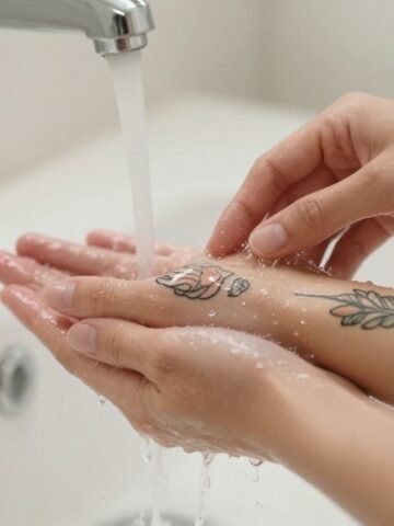 Hands wash a fresh forearm tattoo beside ointment and a folded towel.