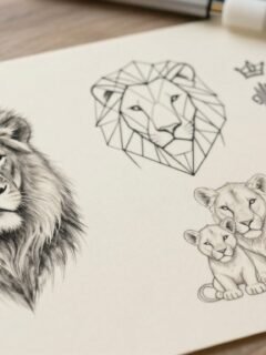 Lion tattoo sketches arranged on cream paper with ink pots and tattoo needles.