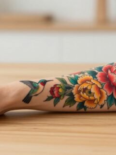 A woman’s forearm displays a bright peony and hummingbird tattoo on a wooden table.