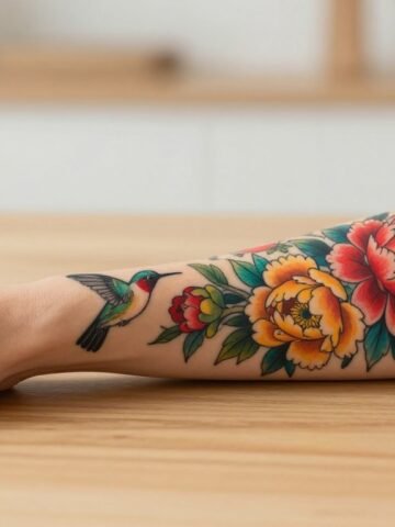A woman’s forearm displays a bright peony and hummingbird tattoo on a wooden table.