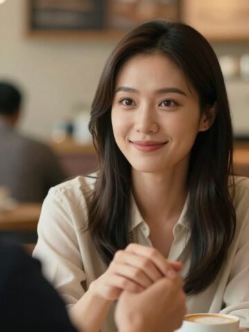 A smiling woman makes eye contact while lightly touching a man’s arm at a café table.