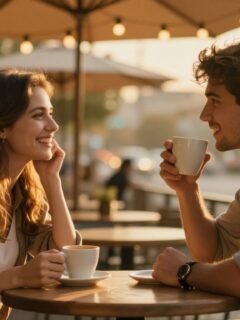 A couple laughs together at a café table beneath warm string lights.