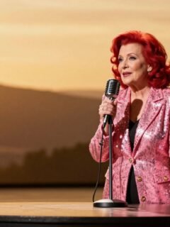 A red-haired singer in a pink jacket holding a microphone under a warm spotlight.
