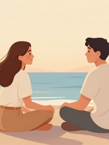 A couple holds hands and talks on a peaceful beach at sunset.