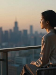 A woman reflects on a balcony while a distant figure stands across the skyline.