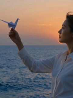 Woman releasing a paper crane beside the sea at sunrise.