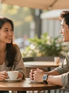 A couple shares a warm conversation over coffee on a sunny café terrace.