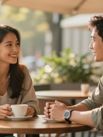 A couple shares a warm conversation over coffee on a sunny café terrace.