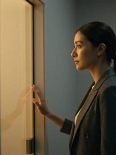 A woman stands beside an open glass door in a softly lit hallway.